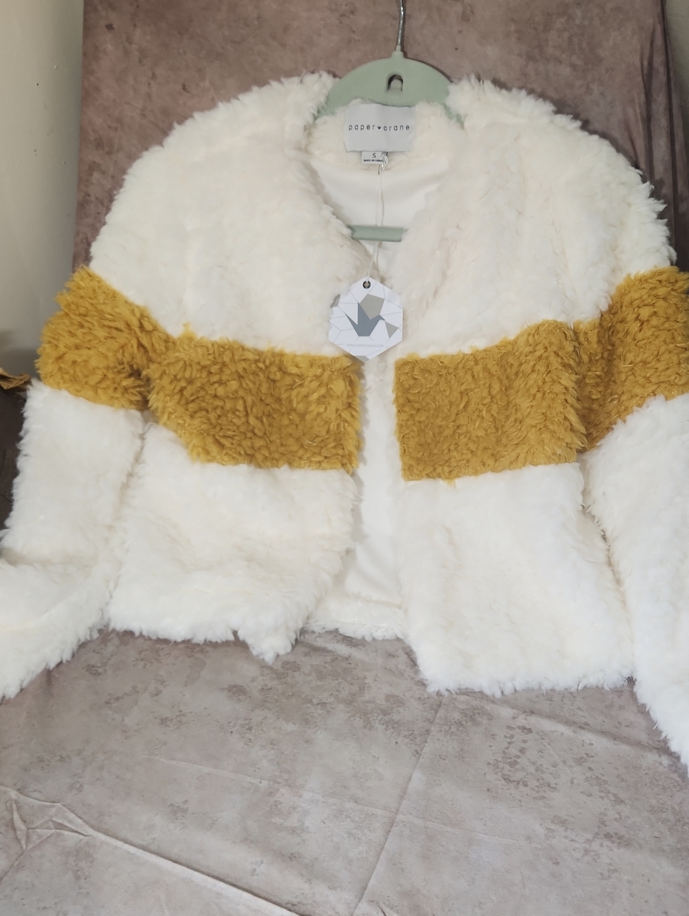 Paper Crane Cream Teddy Jacket with Mustard Stripe
